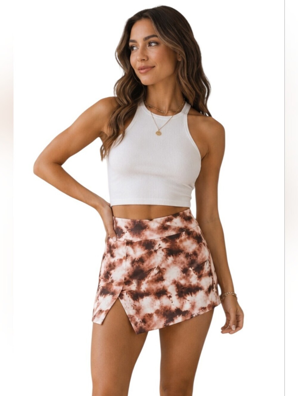 Tiger Mist Tie Dye High Waist Skort Rust White Stretch Mini XS